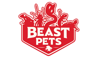 Red and white "Beast Pets" logo features silhouettes of a lizard, spider, snake, frog, and turtle above the text, exuding an adventurous tone.